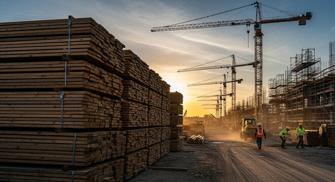 Construction site at sunset with stacks of lumber, multiple cranes, and workers amidst dust, highlighting building development.