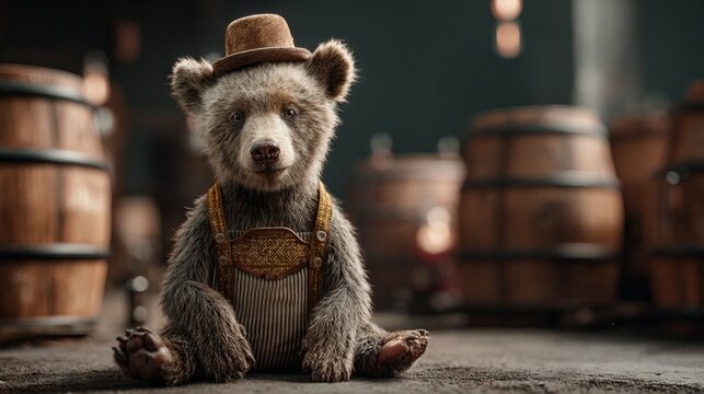 Charming Bear Cub in Traditional Oktoberfest Outfit with Hat and Suspenders