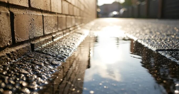 Glimmering water pooling along a brick pathway at sunset, reflecting warm light in the background
