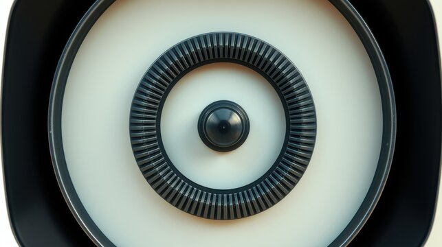 Closeup view shows speaker grill. Concentric circles create radial pattern. Black, white contrast dominates composition. Modern design element.