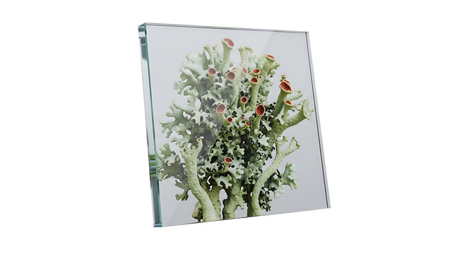 Close up of a reindeer lichen on a reflective surface, showing intricate details of its structure and red apothecia, nature study