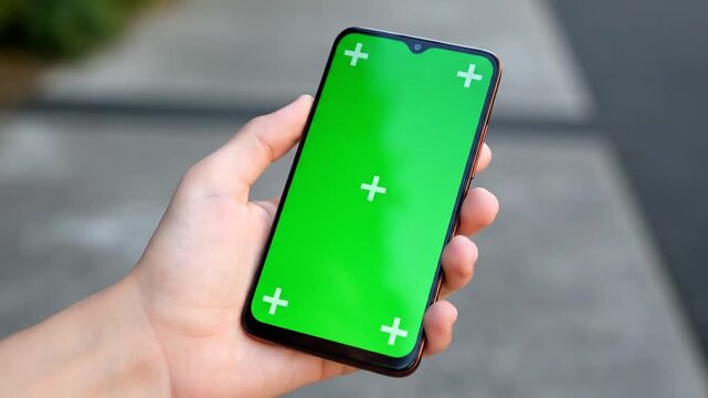 Hand Holding Smartphone with Green Screen Display