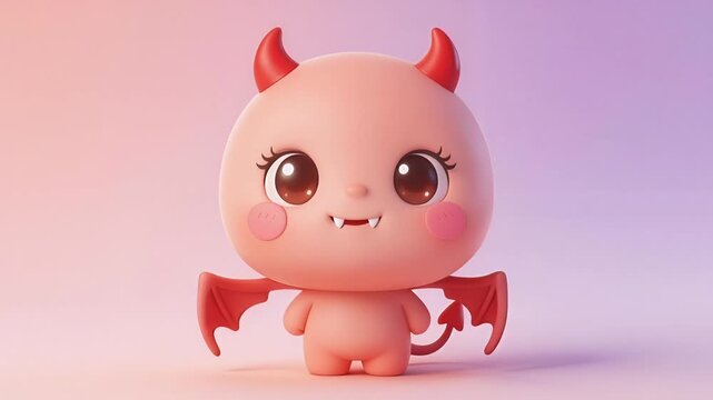 Cute Pink Devil Character with Wings and Horns.