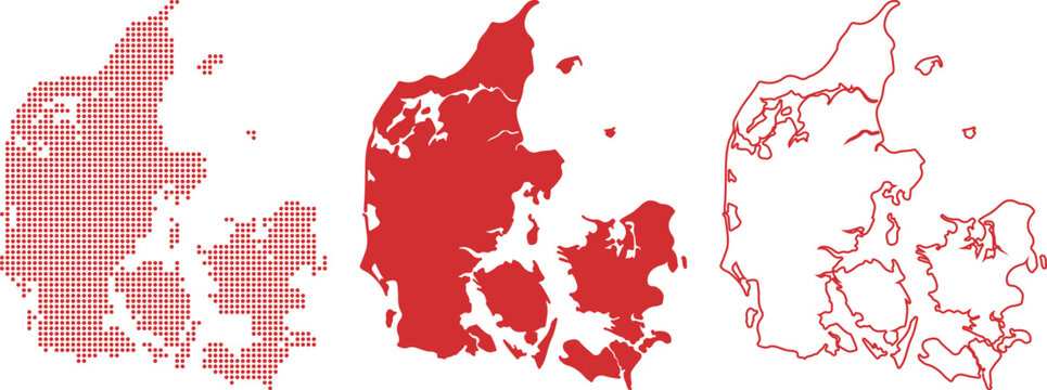 Red Dot Map Outline and Silhouette of Denmark on White Background vector illustration