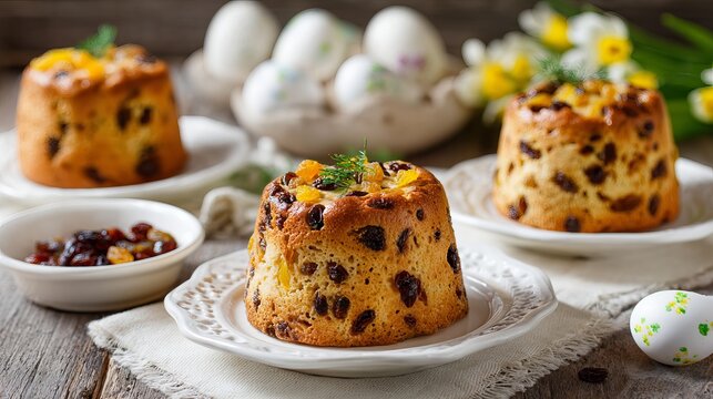 A delicious Easter dessert table with traditional sweet bread and decorated eggs