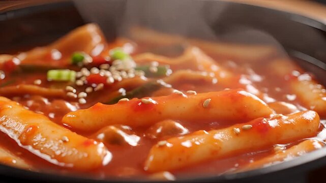 Delicious Korean Tteokbokki in Spicy Gochujang Sauce Closeup.
