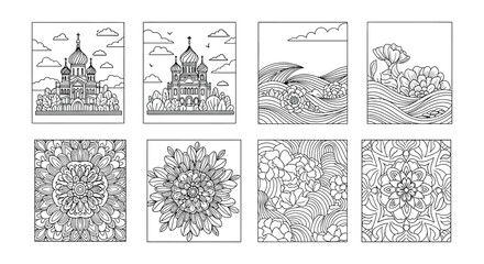 A collection of detailed black and white line art panels with floral and architectural motifs © nurjahan