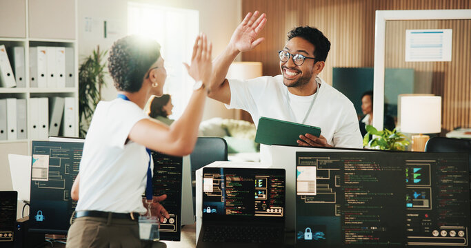 High five, programmer and tablet with business people in office for app developer, support and database. It engineer, software launch success and celebration with employees with tech in agency