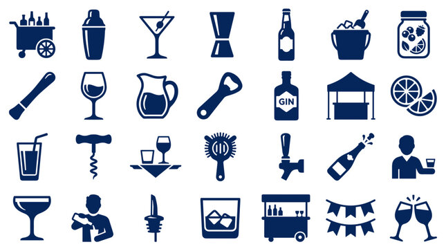 Collection of Barware and Drink Icons Representing Mixology Bartending and Party Celebration Elements
