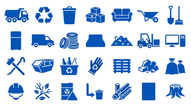 Collection of blue recycling and waste management icons representing various objects and services for environmental protection and industrial logistics