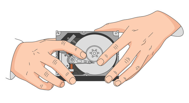 Hands holding an open hard drive, showing internal components like the platter and read/write head, symbolizing data storage and technology.