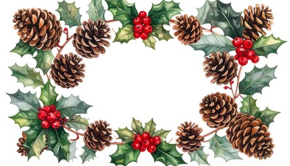 Fototapeta premium Holiday-themed frame featuring natural pinecones and bright holly berries