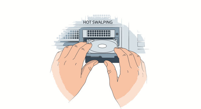 Hands installing or removing a hard drive from a computer server bay with hot swapping label