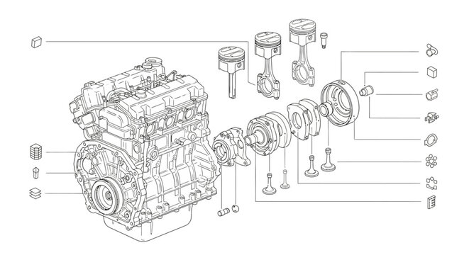 Detailed technical line drawing showcases an exploded view of a car engine with labeled components, rendered in a schematic style against a clean white background for engineering