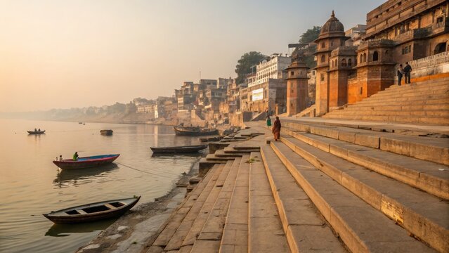 Ancient Varanasi ghats on Ganges river at sunrise with wooden boats and stone steps. Holy city panorama. India travel and spiritual tourism concept photo.