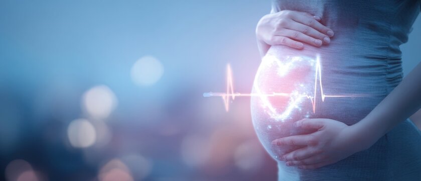 The pregnant woman holding belly with glowing fetal heartbeat and soft bokeh background