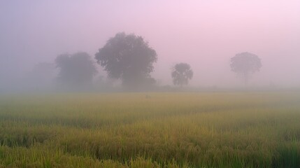 Obraz premium Serene Morning Fog Over Rice Field with Silhouetted Trees Under Soft Pink and Purple Sky at Dawn