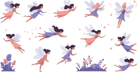 Fototapeta premium Watercolor illustrations of fairies in various poses and outfits flying and standing