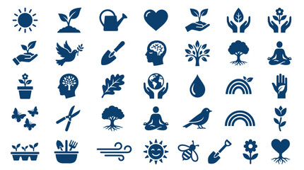 Naklejka premium Collection of blue nature and environmental icons representing growth, sustainability, and healthy living with symbols of plants, animals, and human well-being