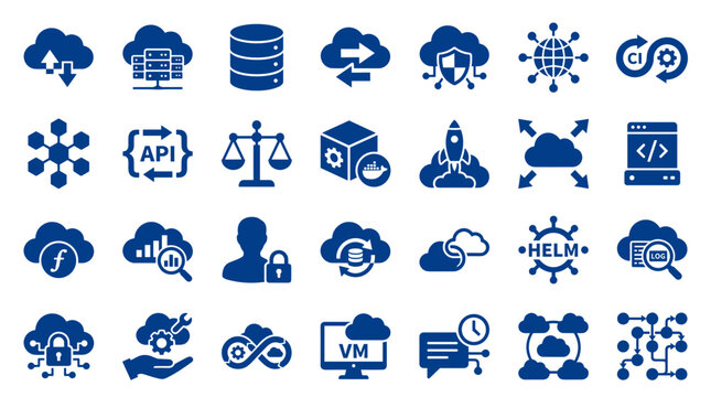 Collection of modern cloud computing and technology icons representing digital services data management and network infrastructure for IT solutions