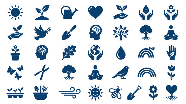 Collection of blue nature and environmental icons representing growth, sustainability, and healthy living with symbols of plants, animals, and human well-being