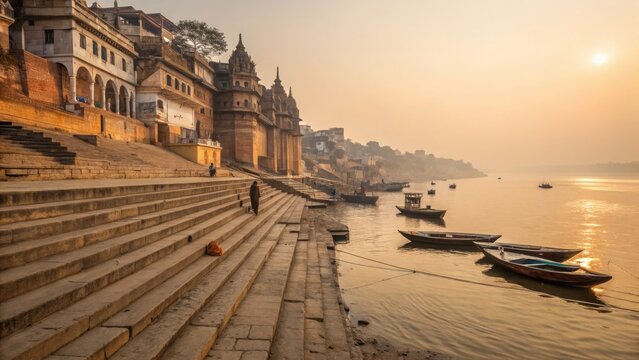 Ancient Varanasi ghats on Ganges river at sunrise with wooden boats and stone steps. Holy city panorama. India travel and spiritual tourism concept photo.