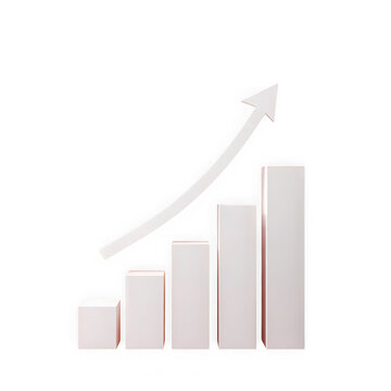 A white bar graph with an upward trend arrow on a black background on transparent background