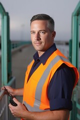 Fototapeta premium Promenade steward at the pier entry wearing a high-visibility safety vest