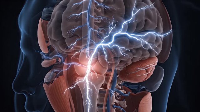 Animated 3D Medical Visualization of Neural Pathways Firing Electrical Impulses Through Human Brain and Spinal Cord Against Dark Background
