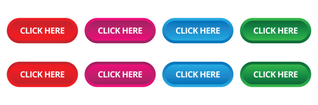 Click here button set with colorful 3d glossy web elements, rectangular interface icons in red pink blue green colors for internet applications and websites.