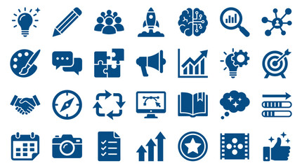 Collection of modern flat icons representing business strategy innovation creativity and success elements for web and graphic design © Iconique Studio