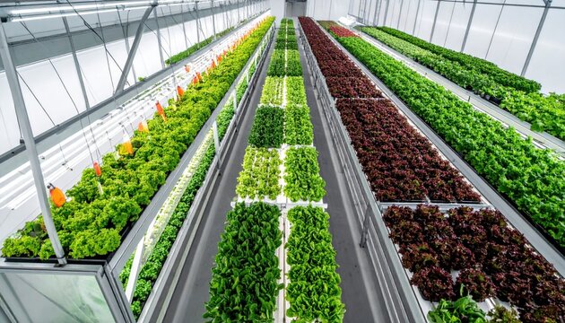 Aerial view of a modern efficient vertical farming greenhouse complex with rows of vibrant leafy greens, showcasing advanced agriculture.