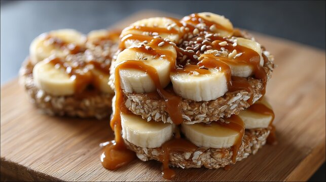 A delicious stack of banana toast with caramel sauce and sesame seeds on a wooden board