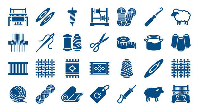 Collection of textile and weaving craft icons representing the art of fabric creation and handmade textile production with tools and materials