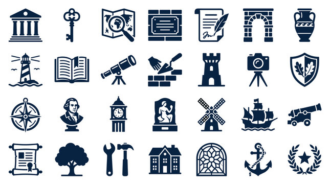 Collection of historical and architectural icons representing landmarks, tools, and symbols of heritage and discovery