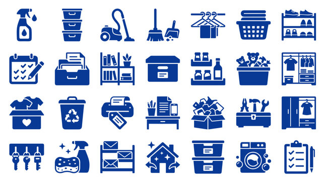 Collection of blue cleaning and organization icons representing home and office management tasks like tidying up, storage, and household chores