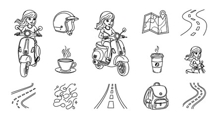 Line art illustration of scooters travel accessories and coffee cups © nurjahan