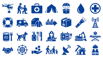 Collection of blue icons representing emergency services disaster relief humanitarian aid and rescue operations including helicopter ambulance first aid tent communication and support symbols © Iconique Studio