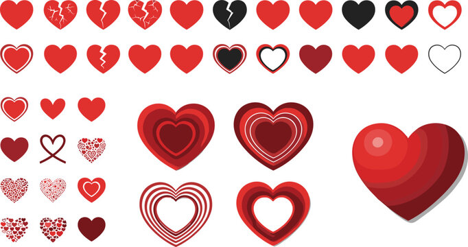 Collection of red and black heart icons in different styles including broken hearts, layered love symbols, decorative romantic elements for Valentine design