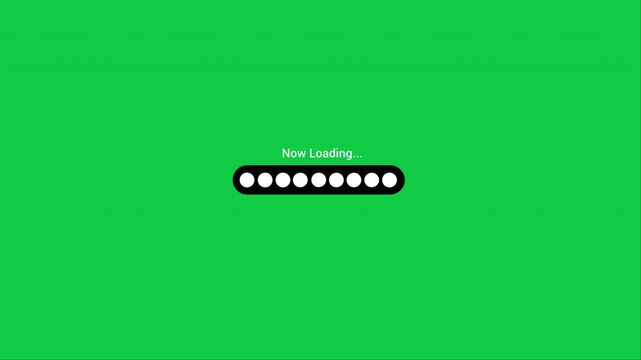 A green screen with a black loading bar showing white dots and "Now Loading" text in the center.