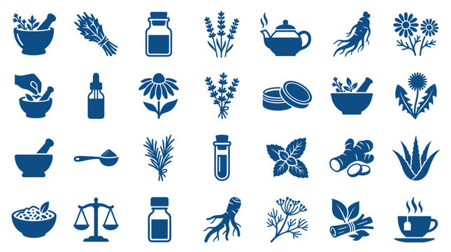 Herbal medicine icons set representing natural remedies and alternative healthcare with plants roots and essential oils for wellness and healing