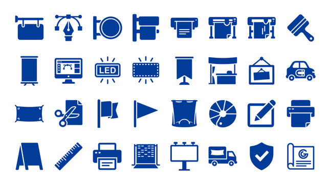 Collection of blue graphic design and printing industry icons representing advertising signage banners digital displays and print production services