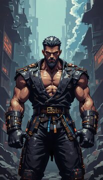 Muscular Cyberpunk Warrior Standing in Futuristic Dystopian City Alley