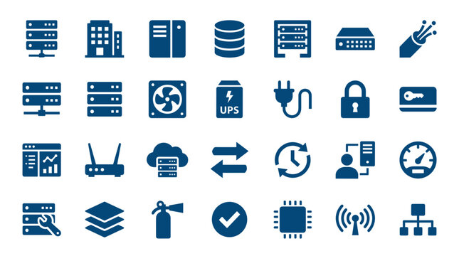 Collection of modern flat icons representing data center technology cloud computing network security and IT infrastructure elements