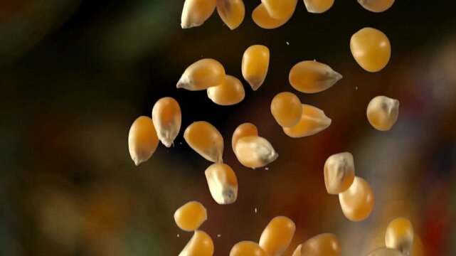 fresh corn cobs falling closeup slow motion agriculture seed 4k with corn kernels slowly fall down against the background 4K UHD