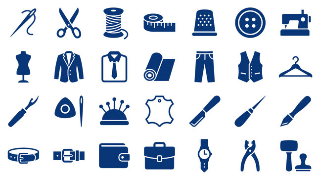Collection of sewing and tailoring icons representing fashion design tools and clothing creation accessories on a blue background