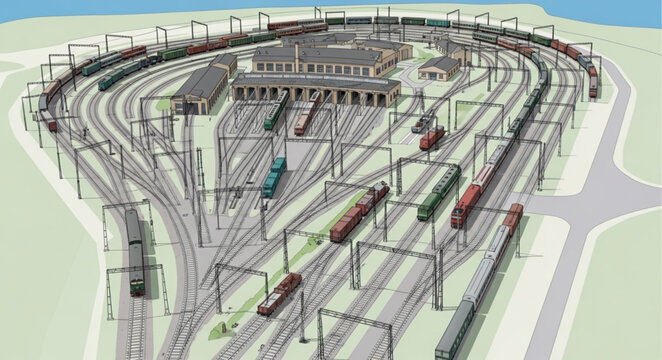 Aerial View of a Complex Train Yard with Multiple Tracks and Wagons.