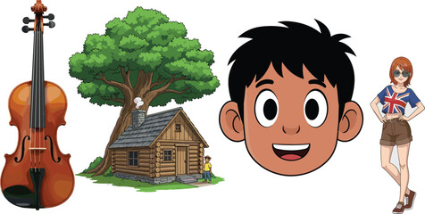 Violin wooden cabin with tree cartoon boy face and stylish girl character vector illustration set isolated design elements collection
