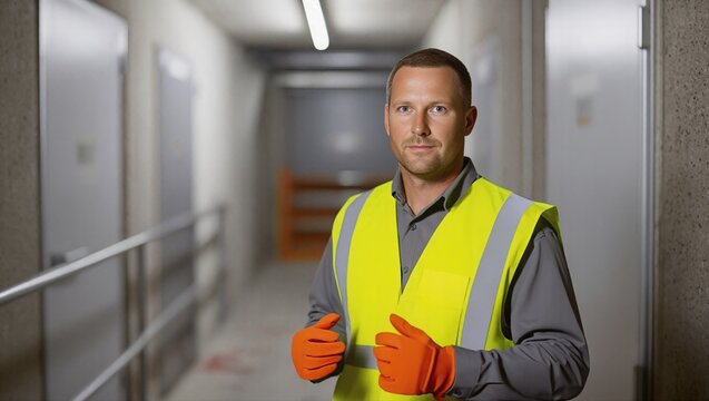 Waste transfer station aide wearing safety gear in an industrial corridor