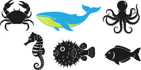 Marine animals set with colorful whale and black silhouettes crab octopus seahorse fish underwater vector illustration collection © Jahangir